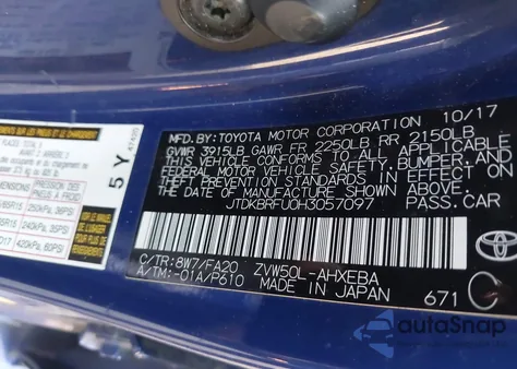 2017 Toyota Prius Two from USA, damaged, VIN JTDKBRFU0H3057097